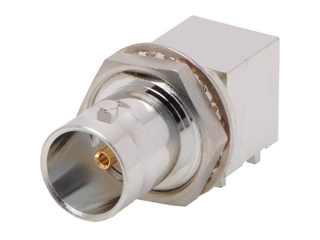 Mini BNC (bayonet Neill-Concelman) to Type F 4 GHz flange-mount adapter. 