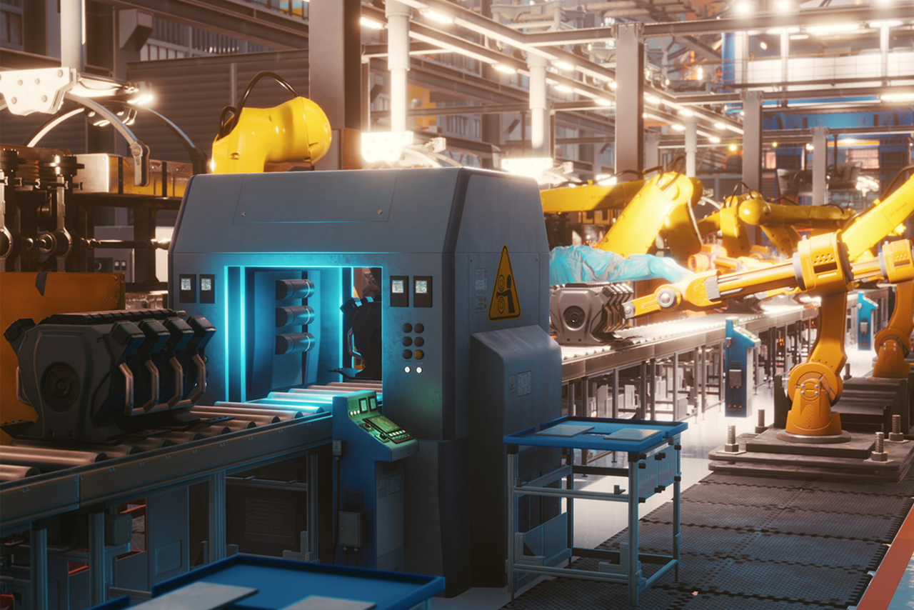 Automation engineer monitors connected industrial robot from a laptop 