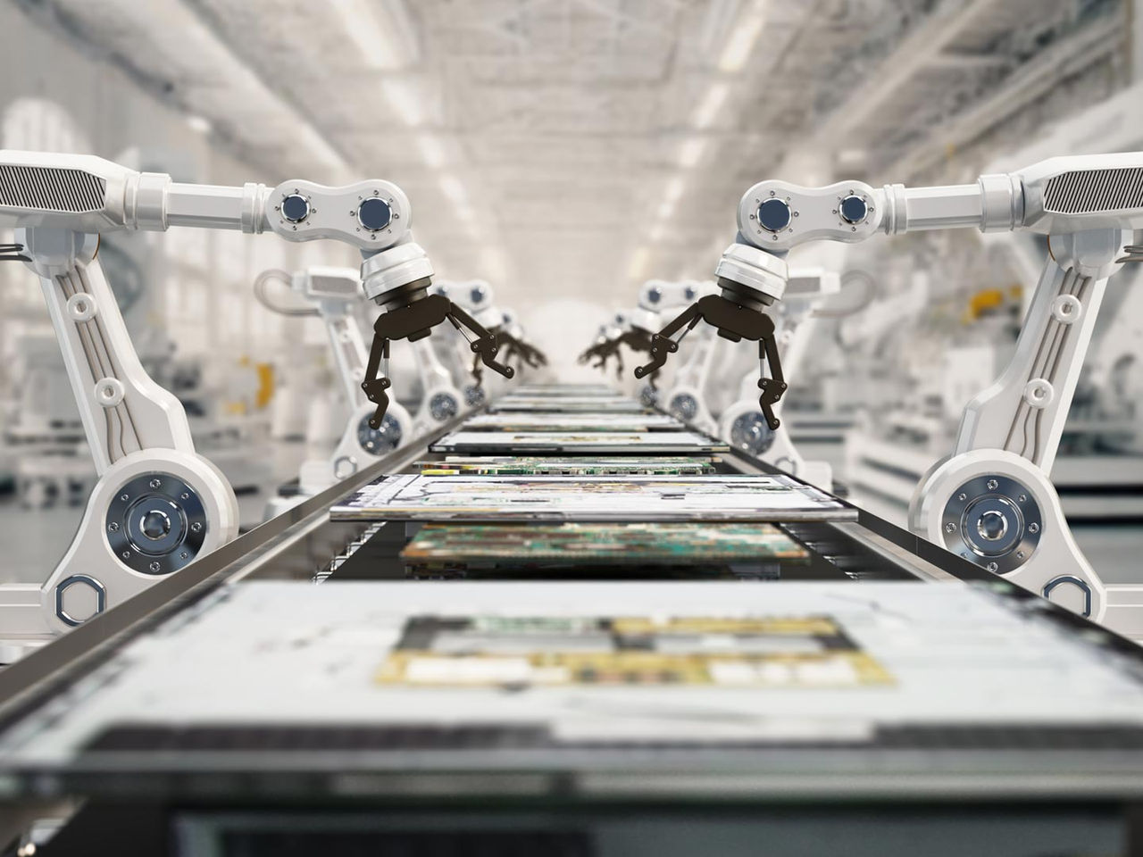 High-tech robotics manage quality on an assembly line. 