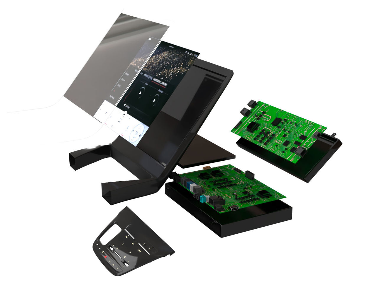 A design model of an in-vehicle infotainment center stack.