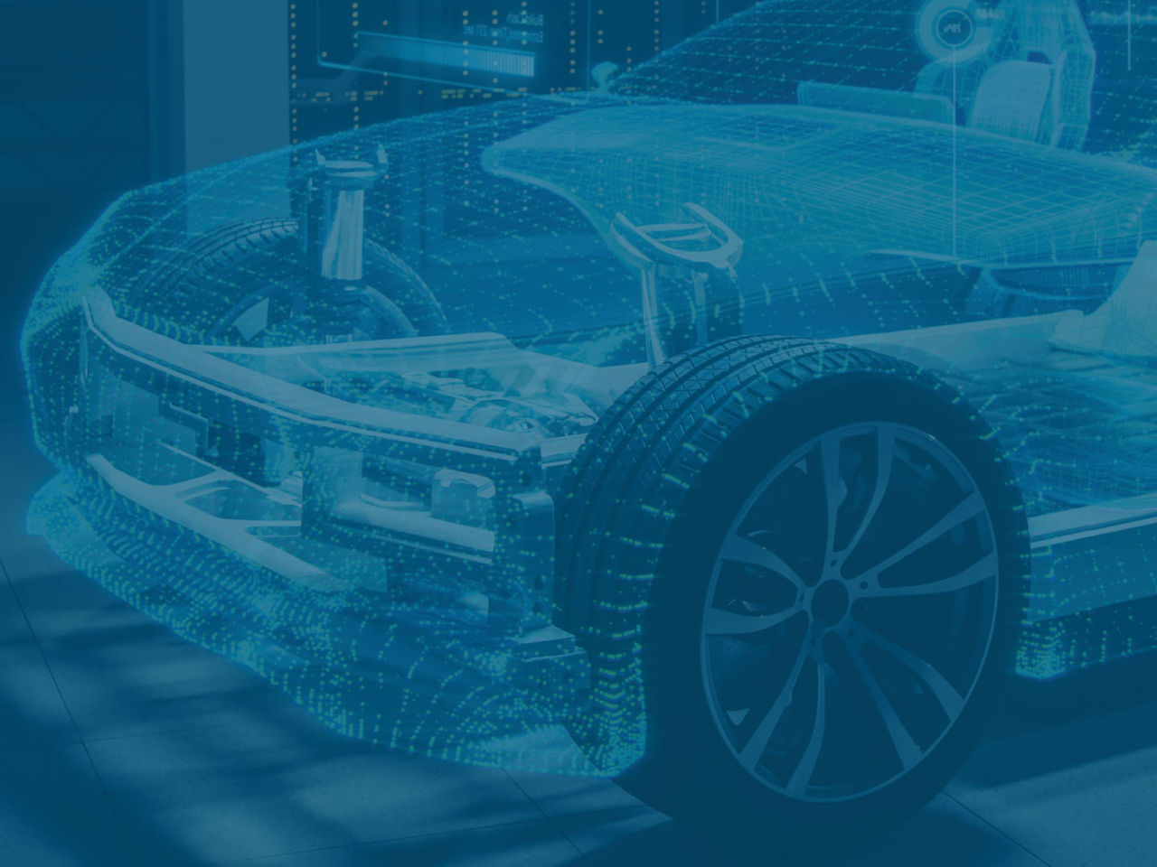 An illustration of embedded automotive antennas in a translucent car.