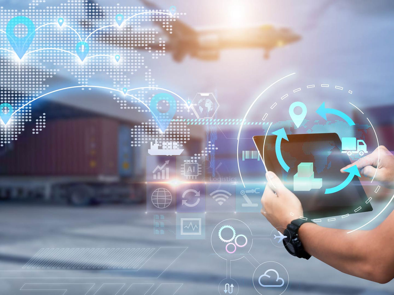An illustration of supply chain digitization where a tablet monitors global supply chain networks to elevate customer service.