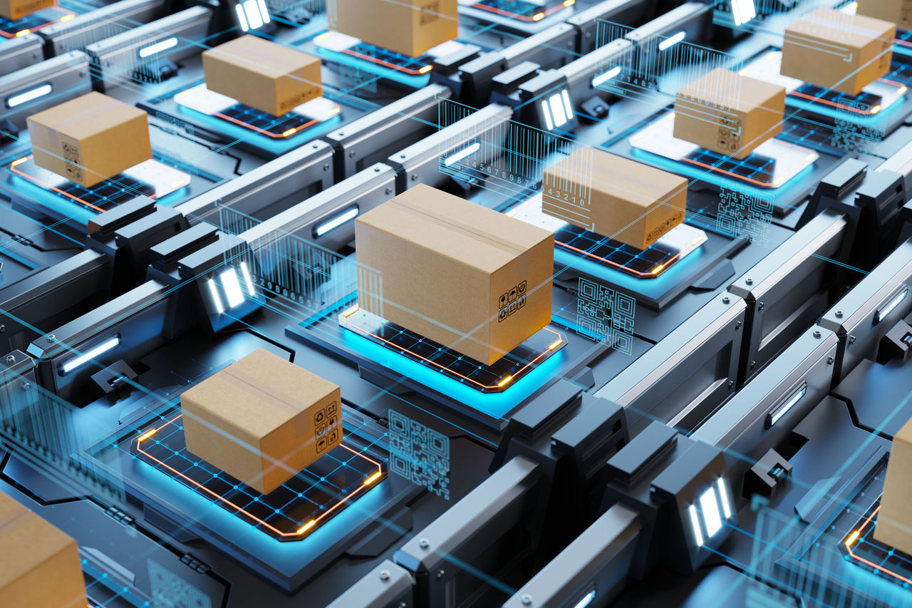 A fully digital, industrial internet of things concept managing factory logistics.