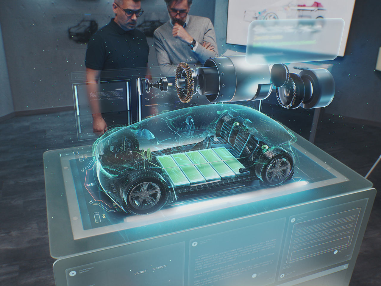 Two Males Focused on a Holographic Model of an Electric Vehicle (EV) 