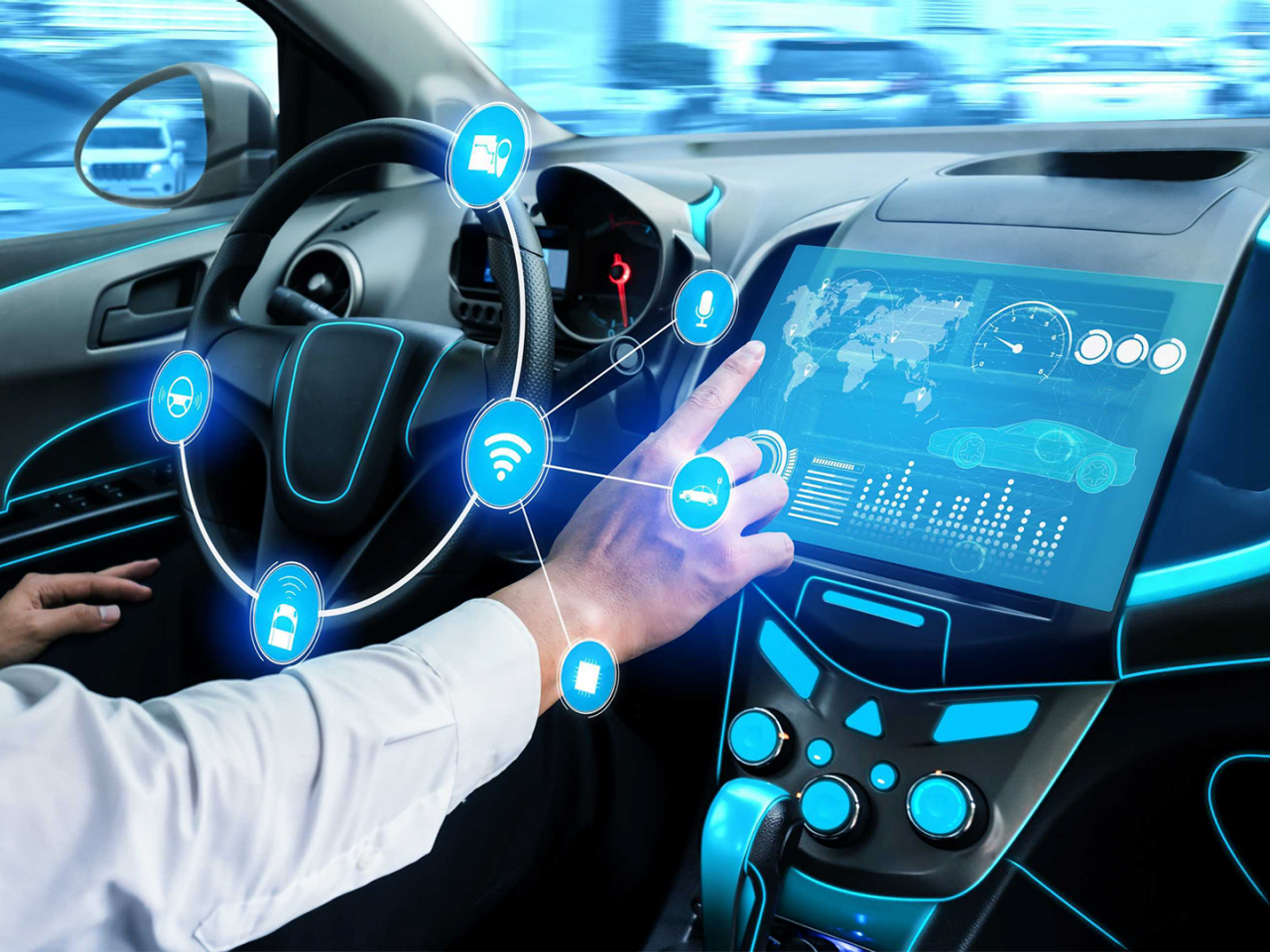 Driver interacting with in-cabin controls. 