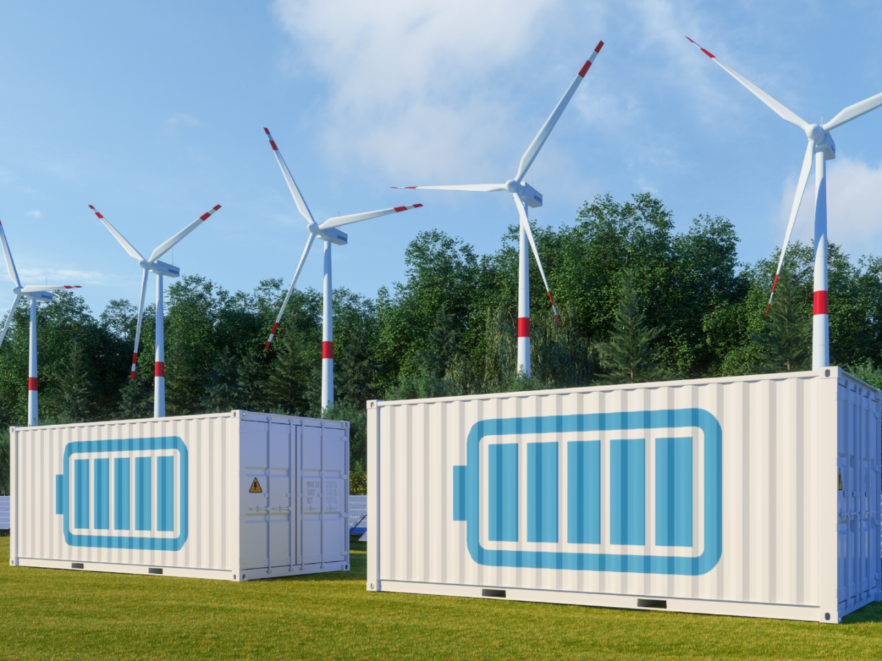 Battery storage containers with windmills, solar panels and trees. 