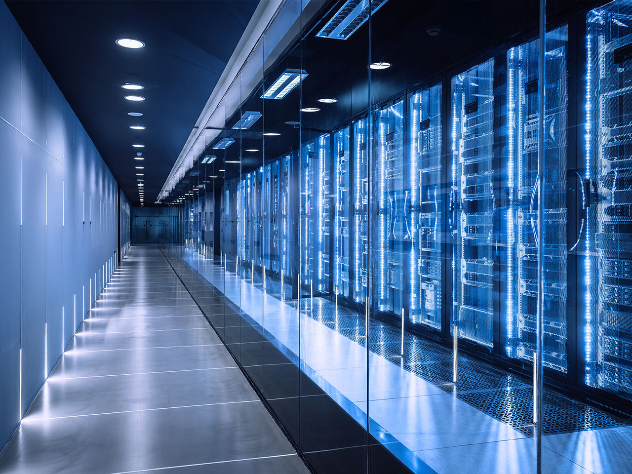 High-speed data center with server racks. 