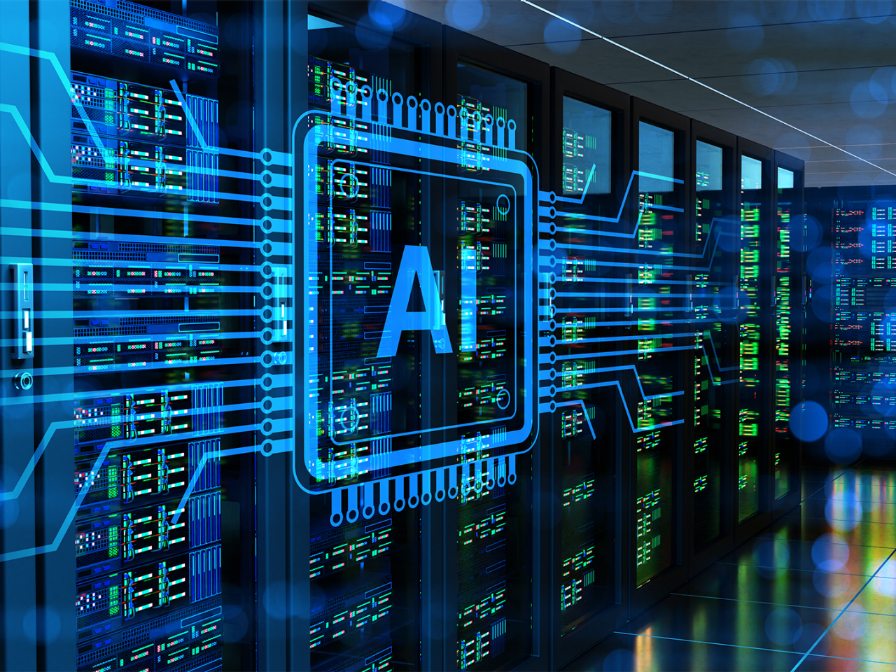 Rows of high-performance server racks in a data center processing AI workloads, illustrating the future of co-packaged copper. 