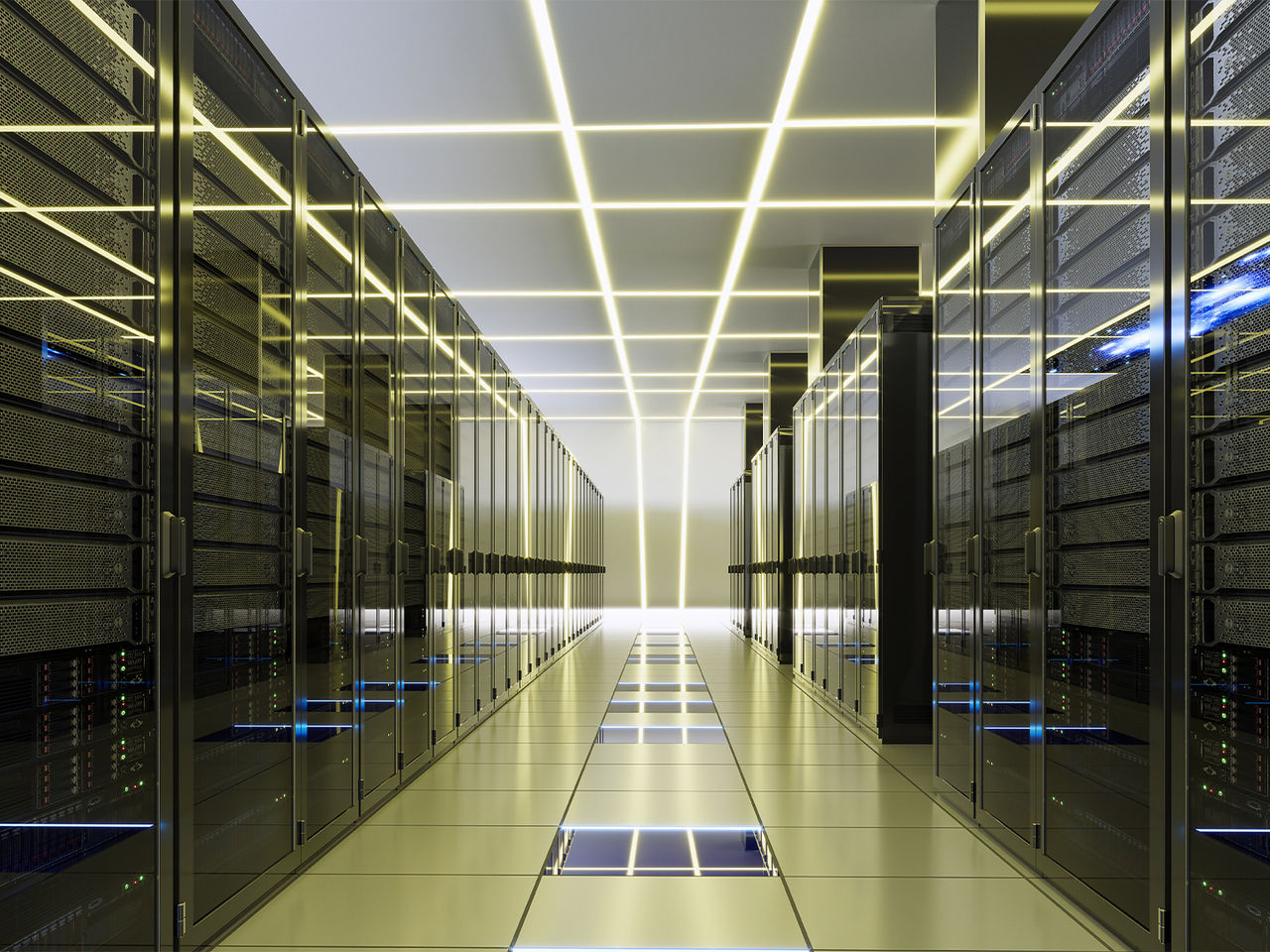 A futuristic data center interior featuring high-speed data processing and on-ASIC integration in a hyperscale environment.