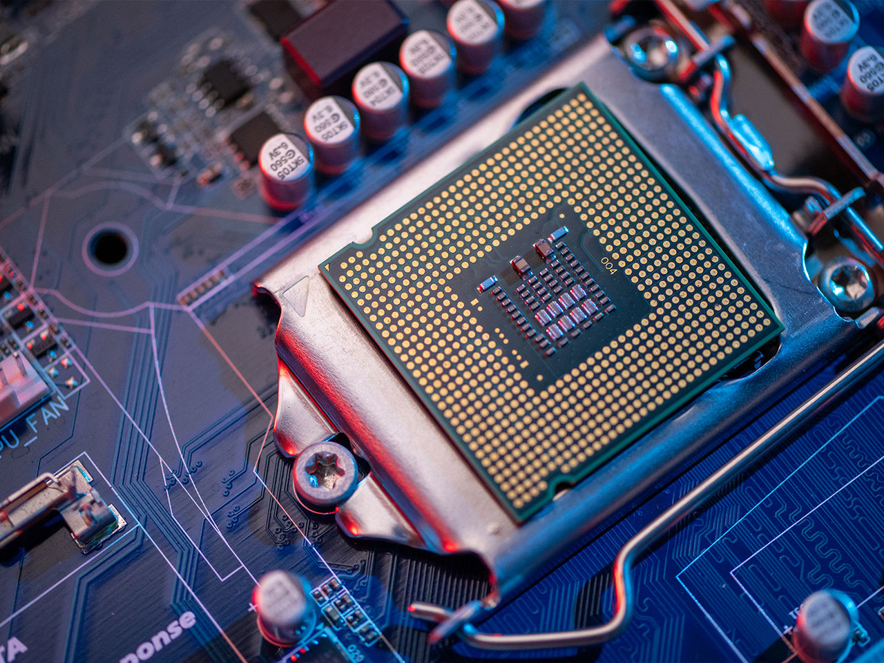 Close-up of a server-grade CPU socket architecture, demonstrating the high-density pin layout required for co-packaged copper interconnects. 