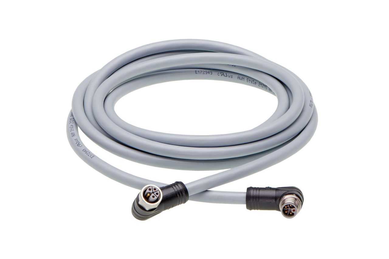 Brad M12 Power L-Code connectors and cable assemblies with right-angle black housings and grey cable for compact power applications.