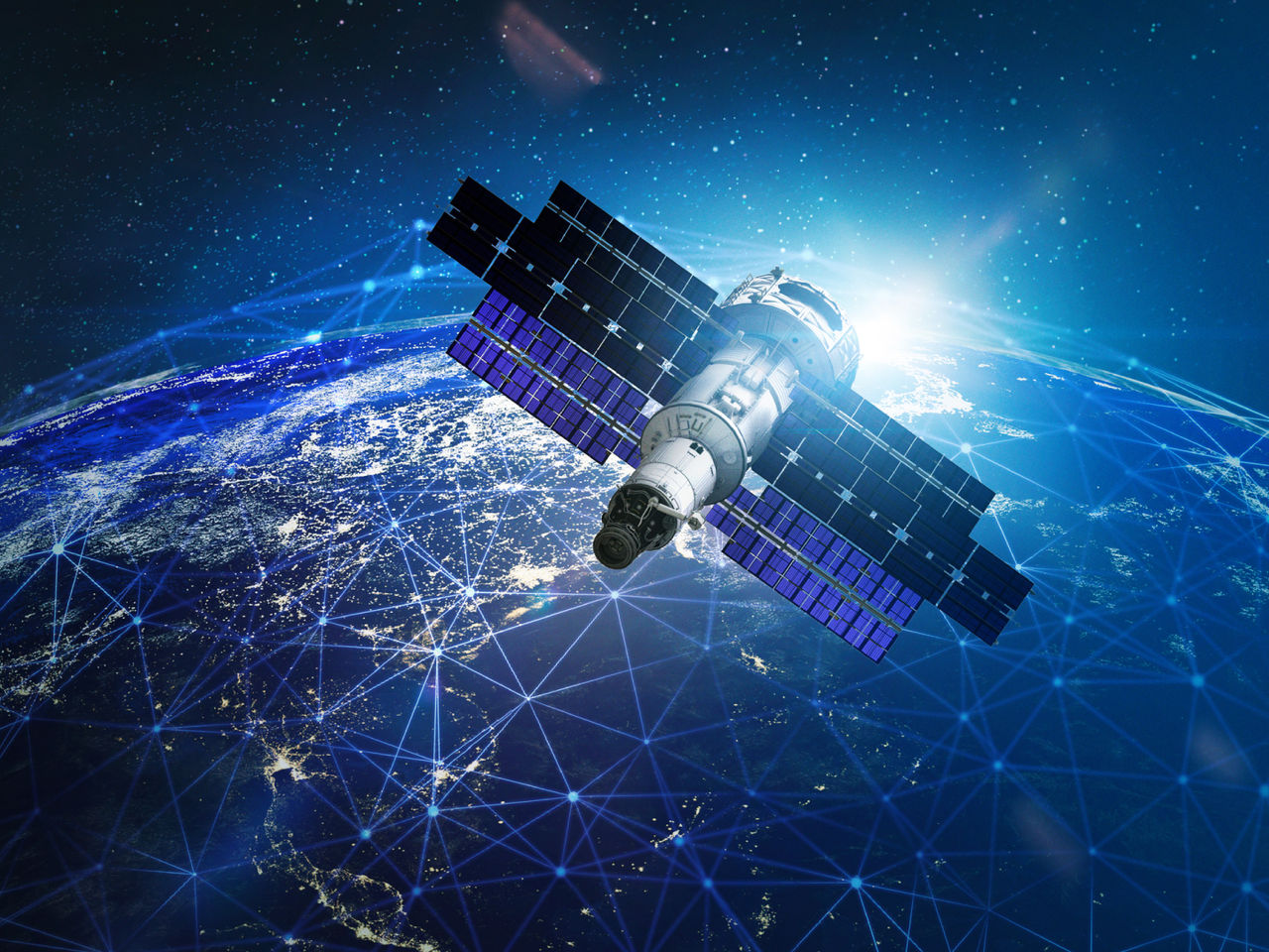  Satellite orbiting Earth with network connectivity graphics. 