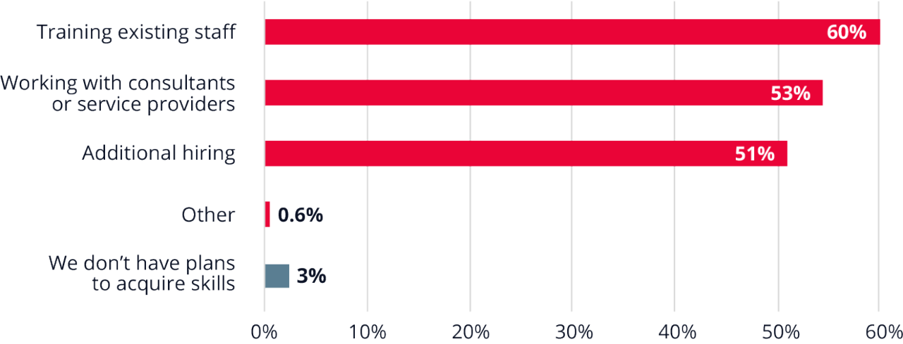 Bar chart showing 63% of respondents plan to train staff and 53% plan to use consultants to gain additional skills. 