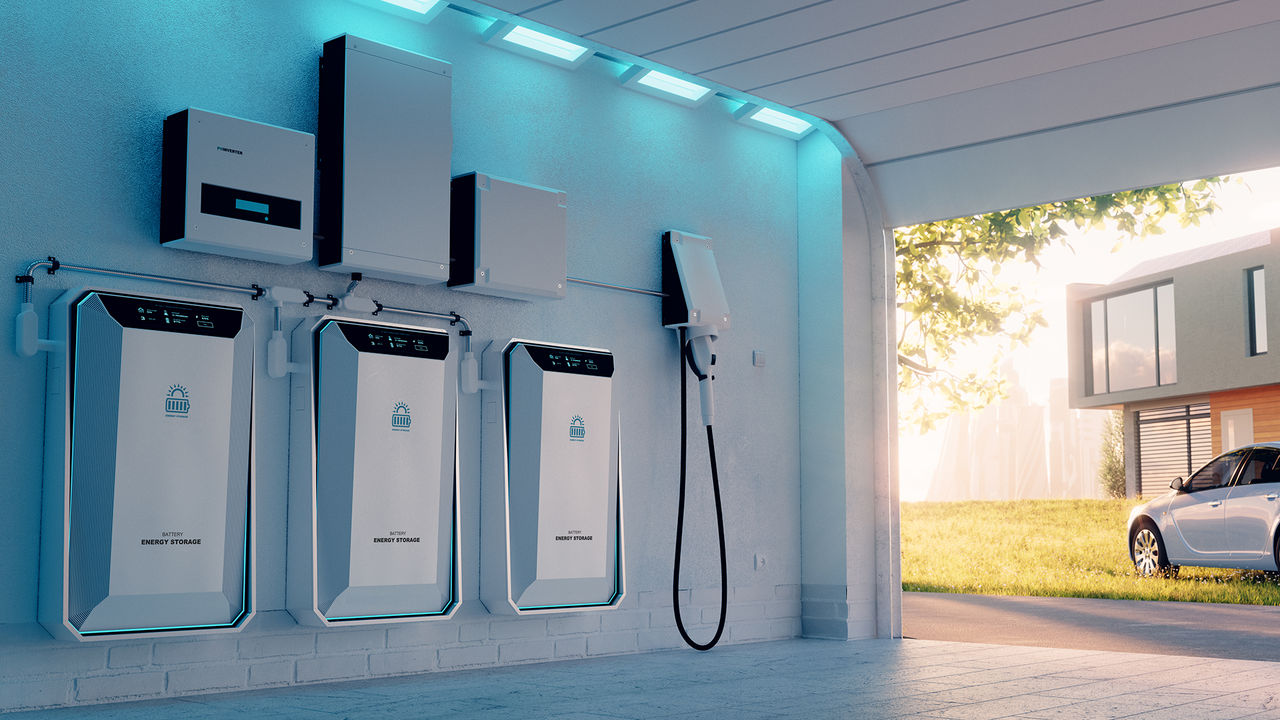 Battery energy storage system and EV charging station in a garage.