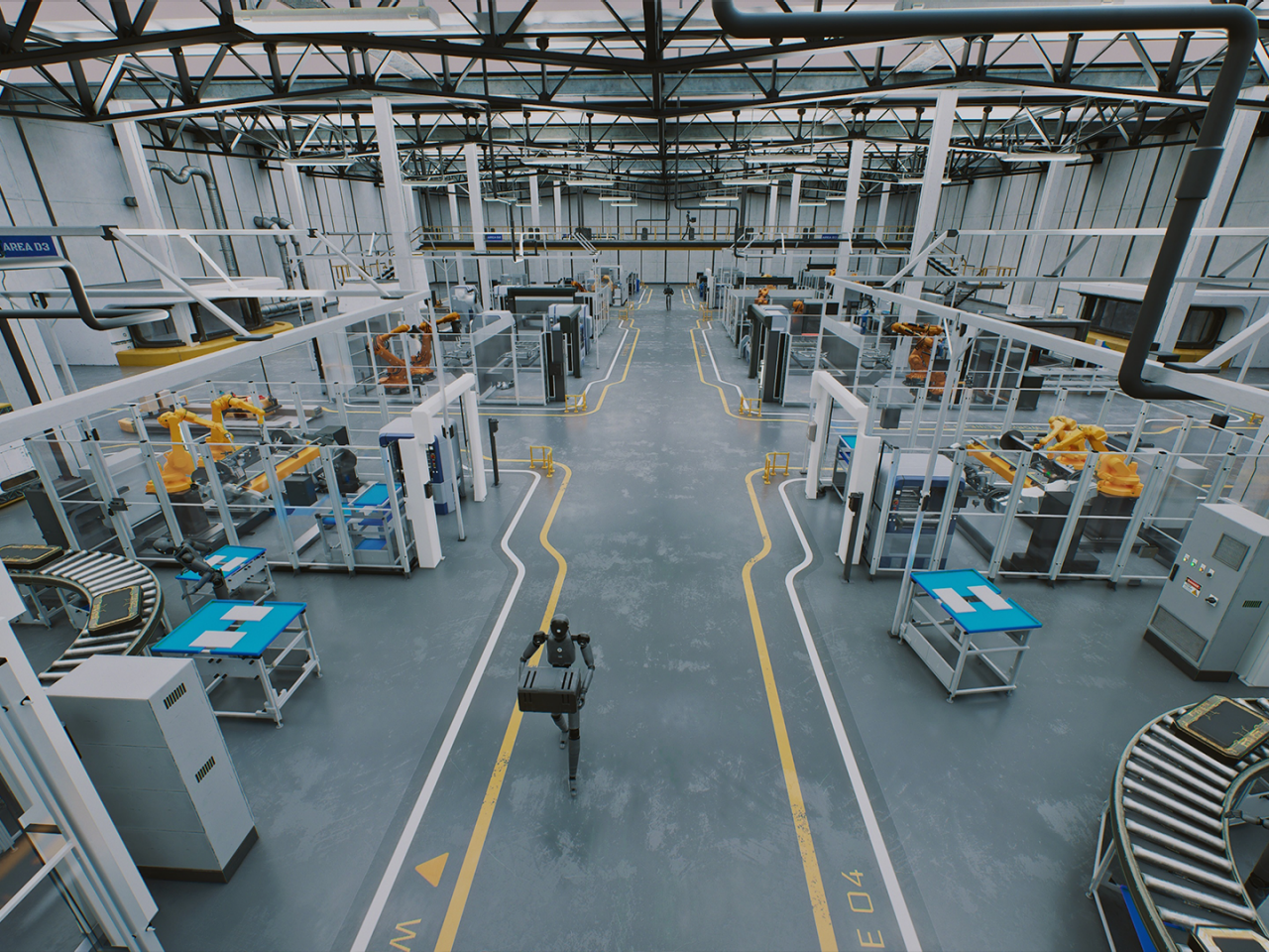 Humanoid robot working alongside human workers on a modern, automated industrial factory assembly line.