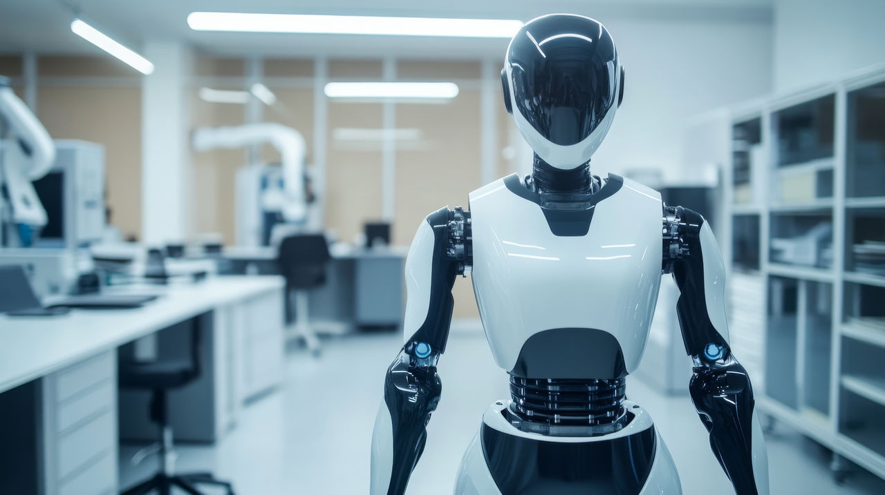 Full-body view of a humanoid robot standing upright.