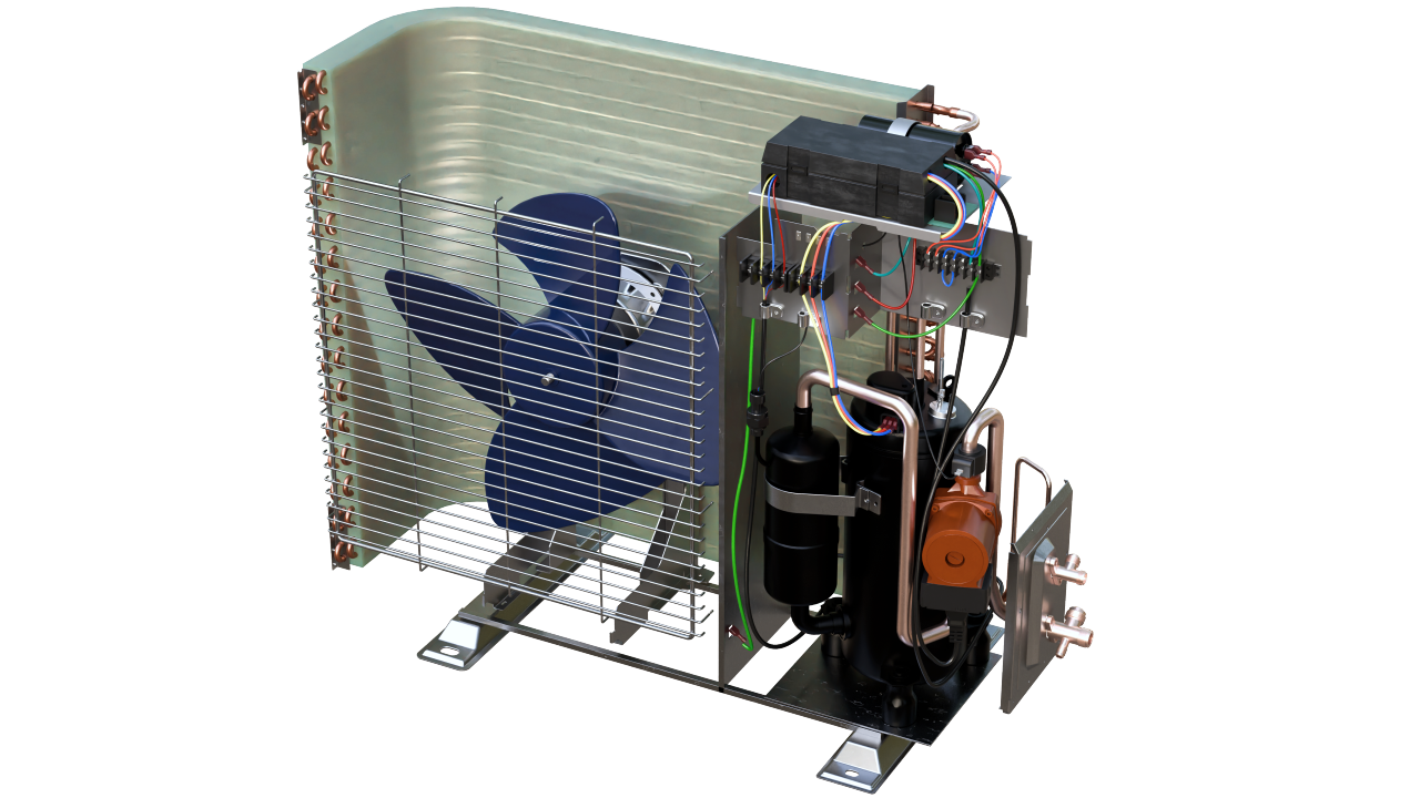 Cutaway of HVAC compressor unit showing internal wiring and components. 