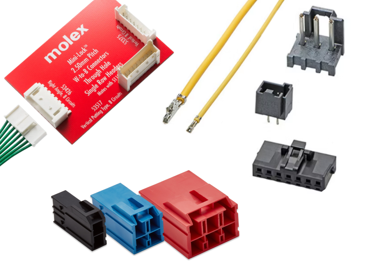A collage showing four Molex connectors: CP, Mini-Lock, KK and MLX Connectors. 