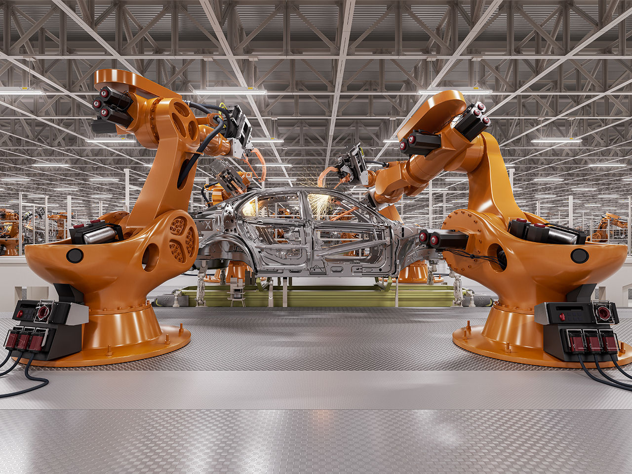High-speed industrial robotic arm in a dynamic production environment, highlighting the need for vibration-resistant connectivity solutions.