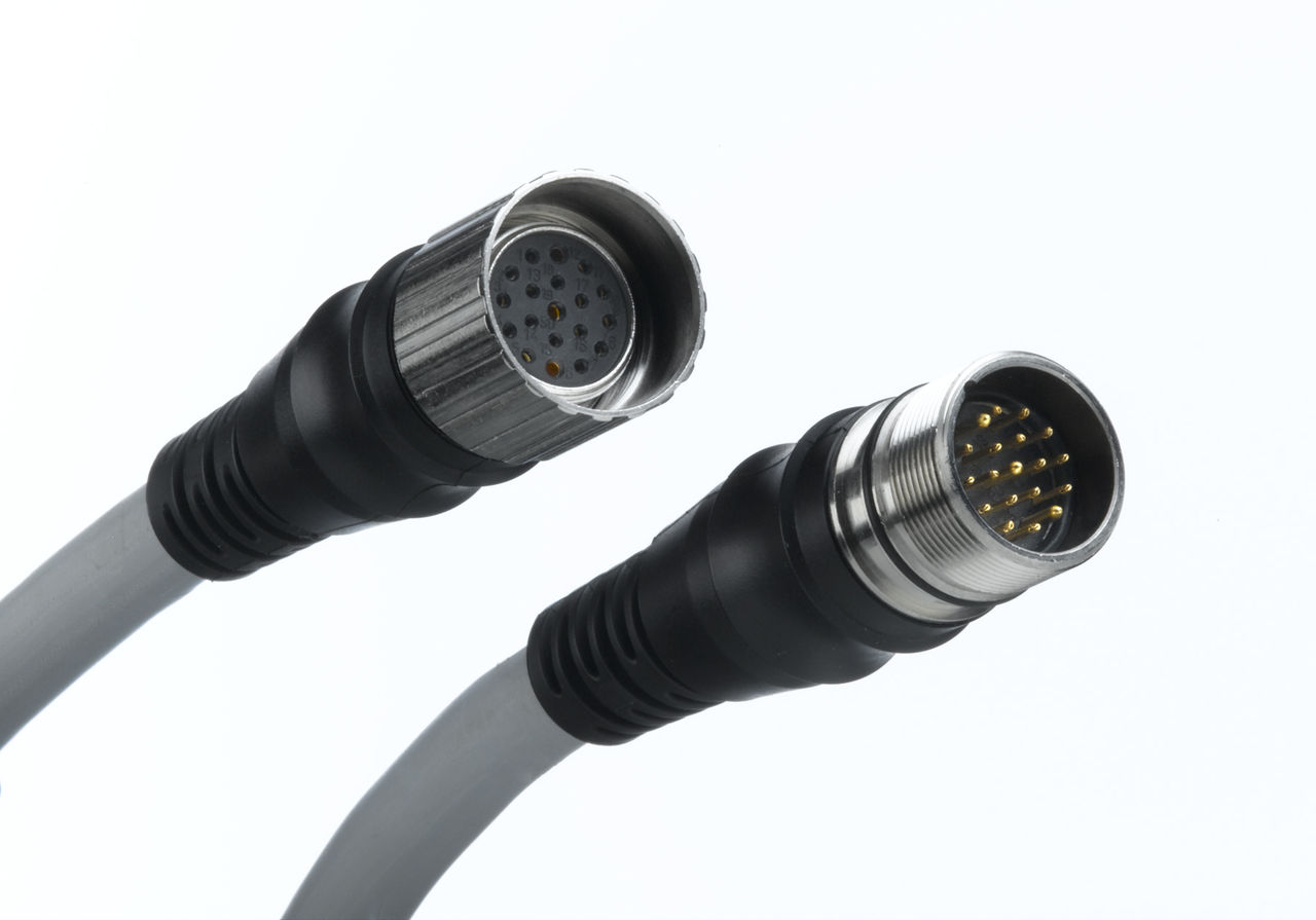 Molex M23 Connectors and Cable Assemblies with circular metal housings and multi-pin layouts. 