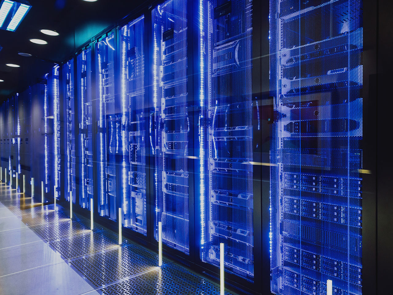 Row of servers in a rack in a modern AI data center.