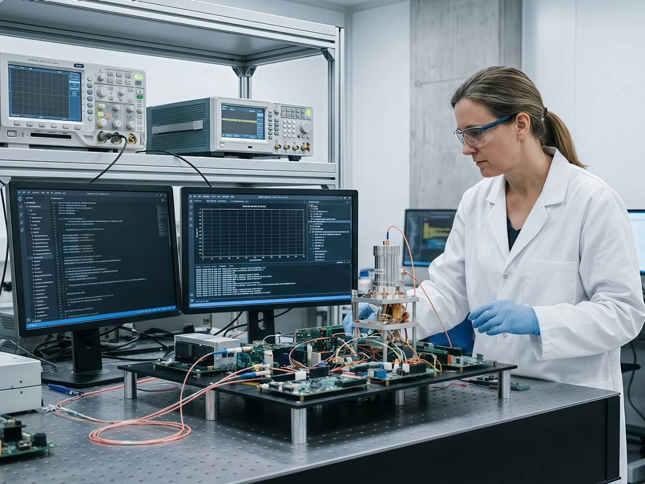 A scientist in a laboratory inspecting electronic circuitry on a precision workstation.