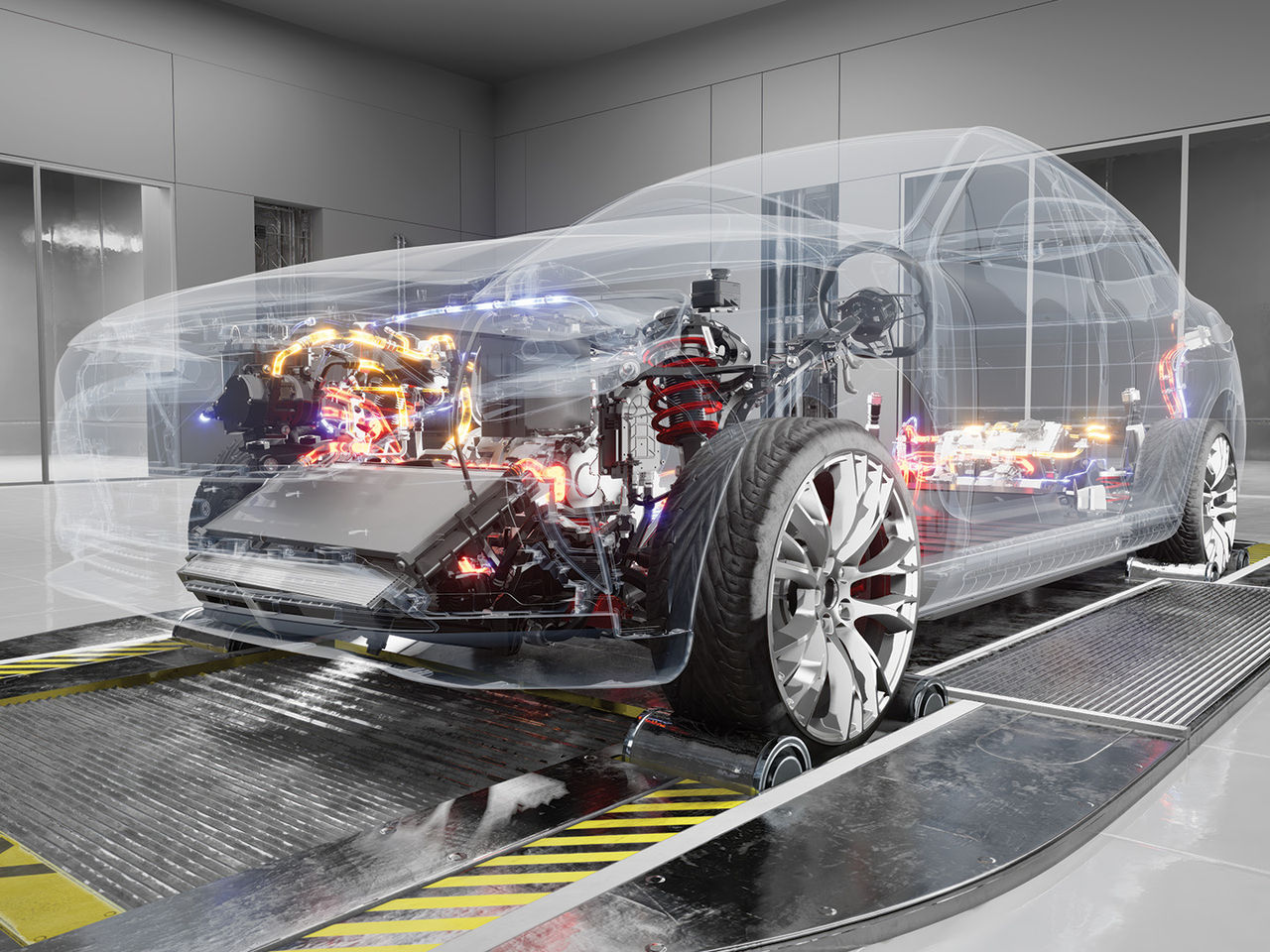 Transparent illustration of an electric vehicle exposing key components 