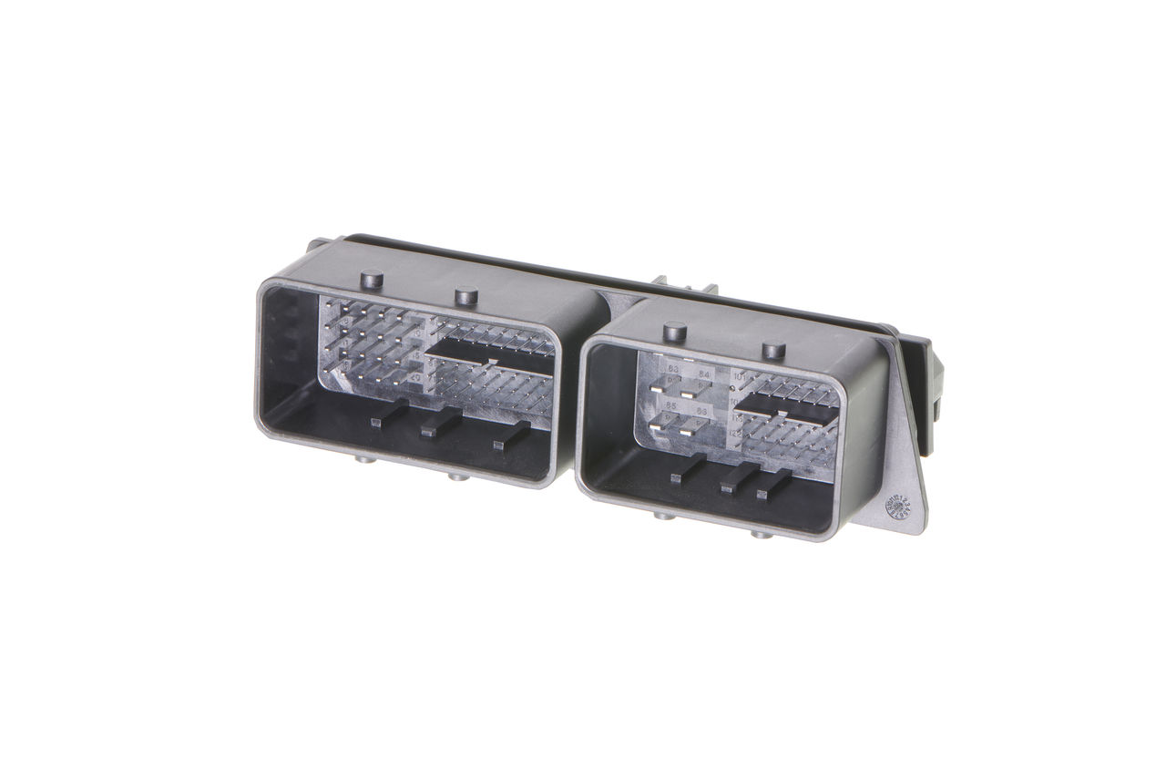Compactus connector header with 146 circuits in a right-angle orientation.  