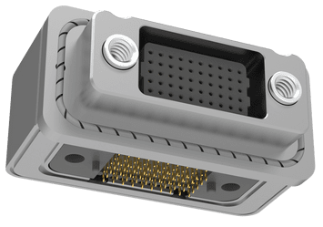 AirBorn FOCus Rugged Active Optical connector in a right-angle orientation with fixed jacknuts.