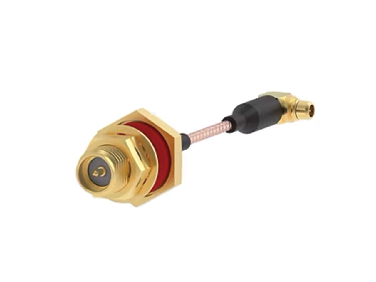 Sealed SMA to right-angle MMCX RF coaxial cable assembly. 