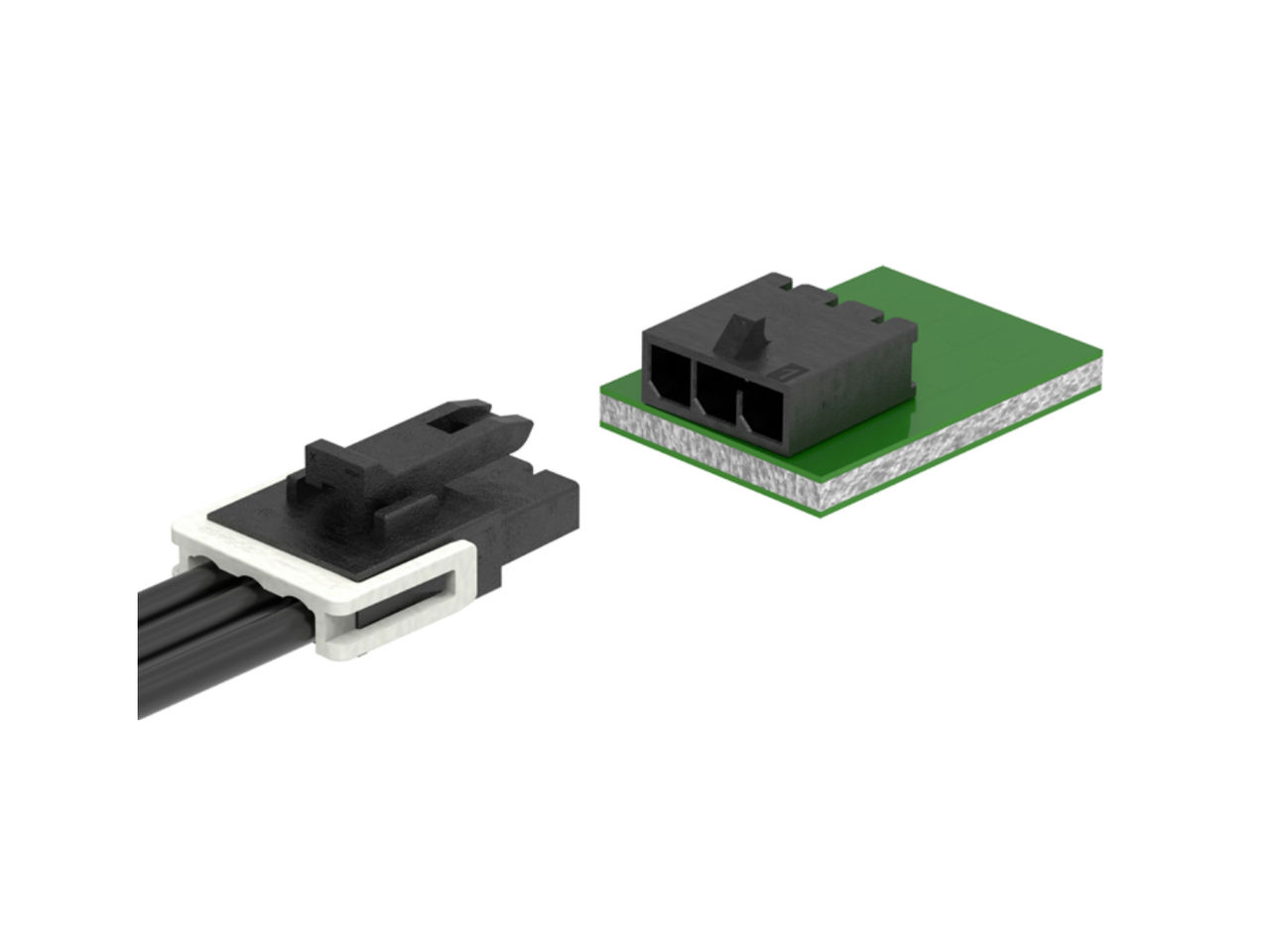 A Micro-Fit+ header on a PCB with a mating receptacle housing connector terminated with discrete wires.