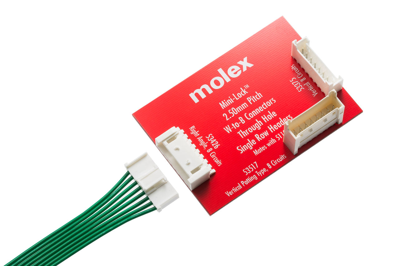 Mini-Lock headers mounted to a PCB with a mating receptacle.
