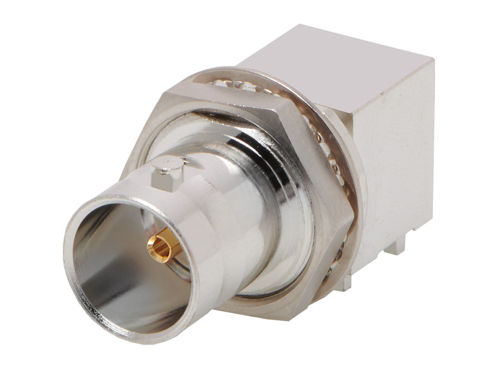 Mini BNC (bayonet Neill-Concelman) to Type F 4 GHz flange-mount adapter. 
