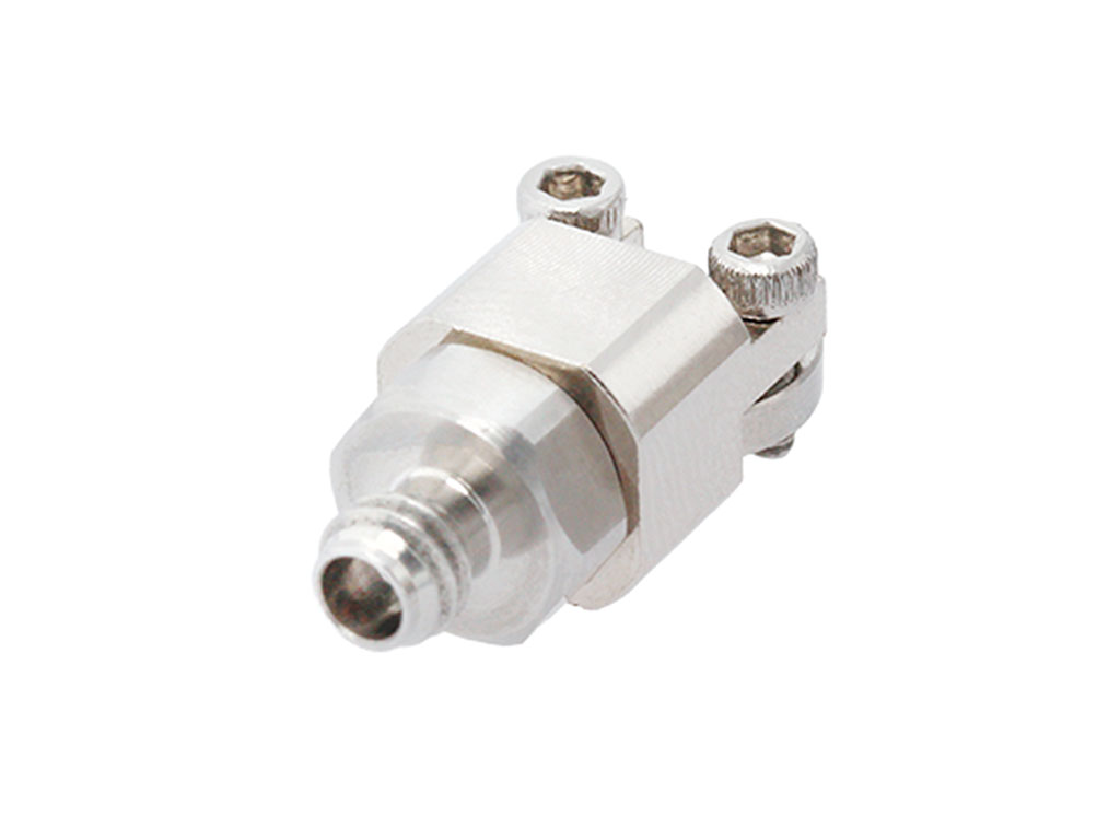 Precision solderless end-launch 110 GHz 1.0mm jack. 