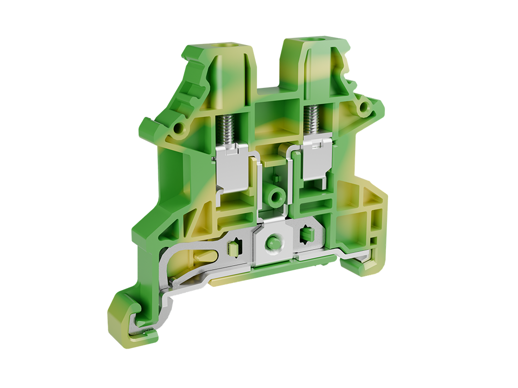 Single level grounding DIN rail terminal block with screw connection.