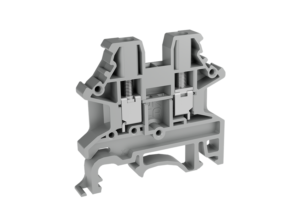 Single level feed-through DIN rail terminal block with screw connection.