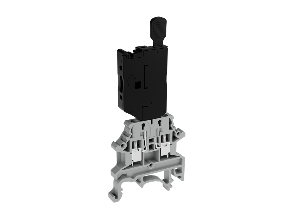 Single level fuse DIN rail terminal block with screw connection.
