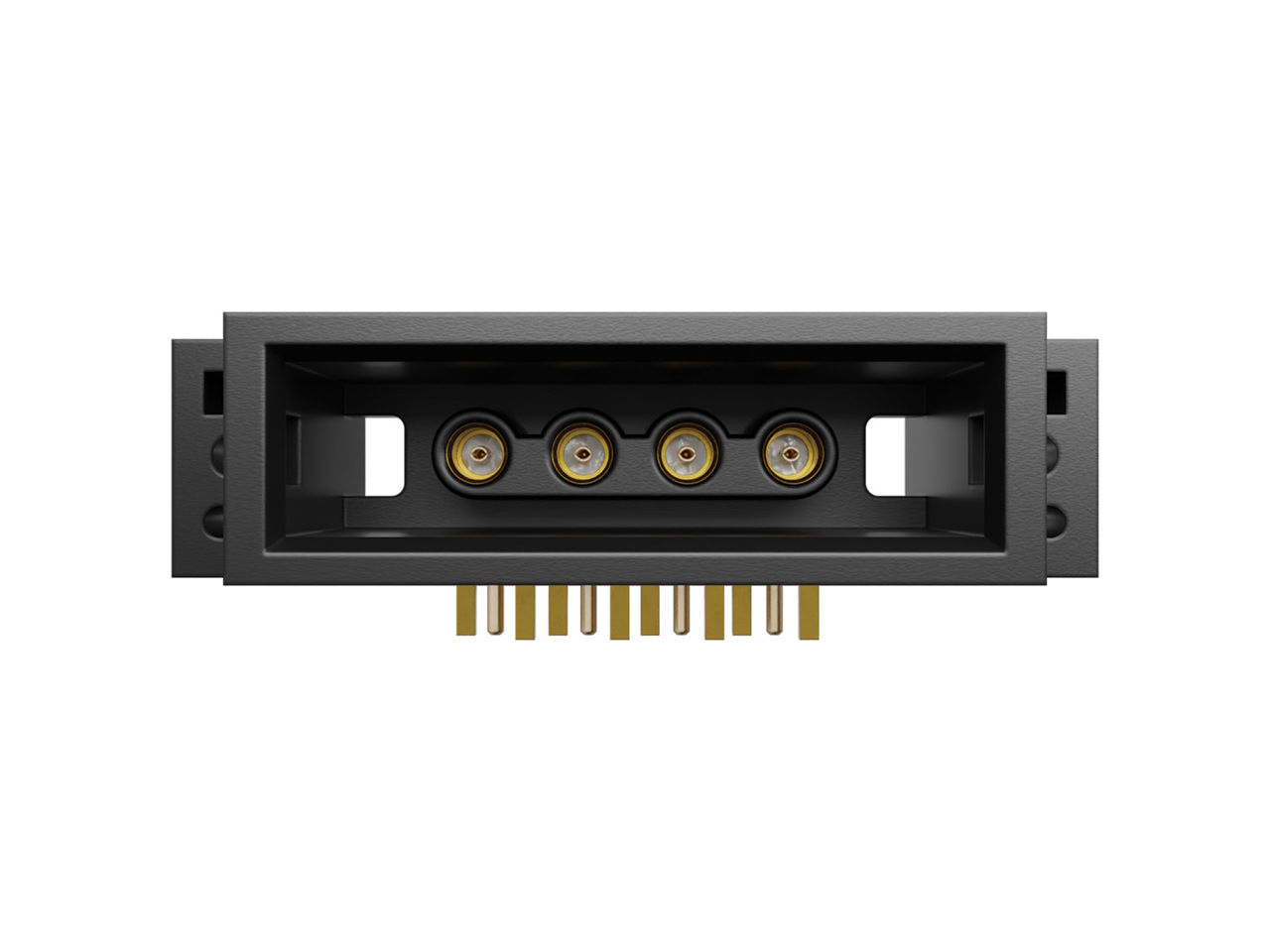 Gang of 4 Molex MPRF jack receptacles with right-angle PCB through-hole mounting.