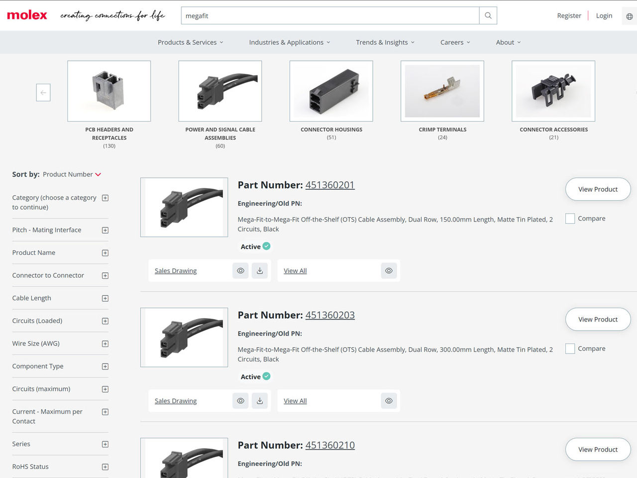 Screenshot of guided search on Molex.com 