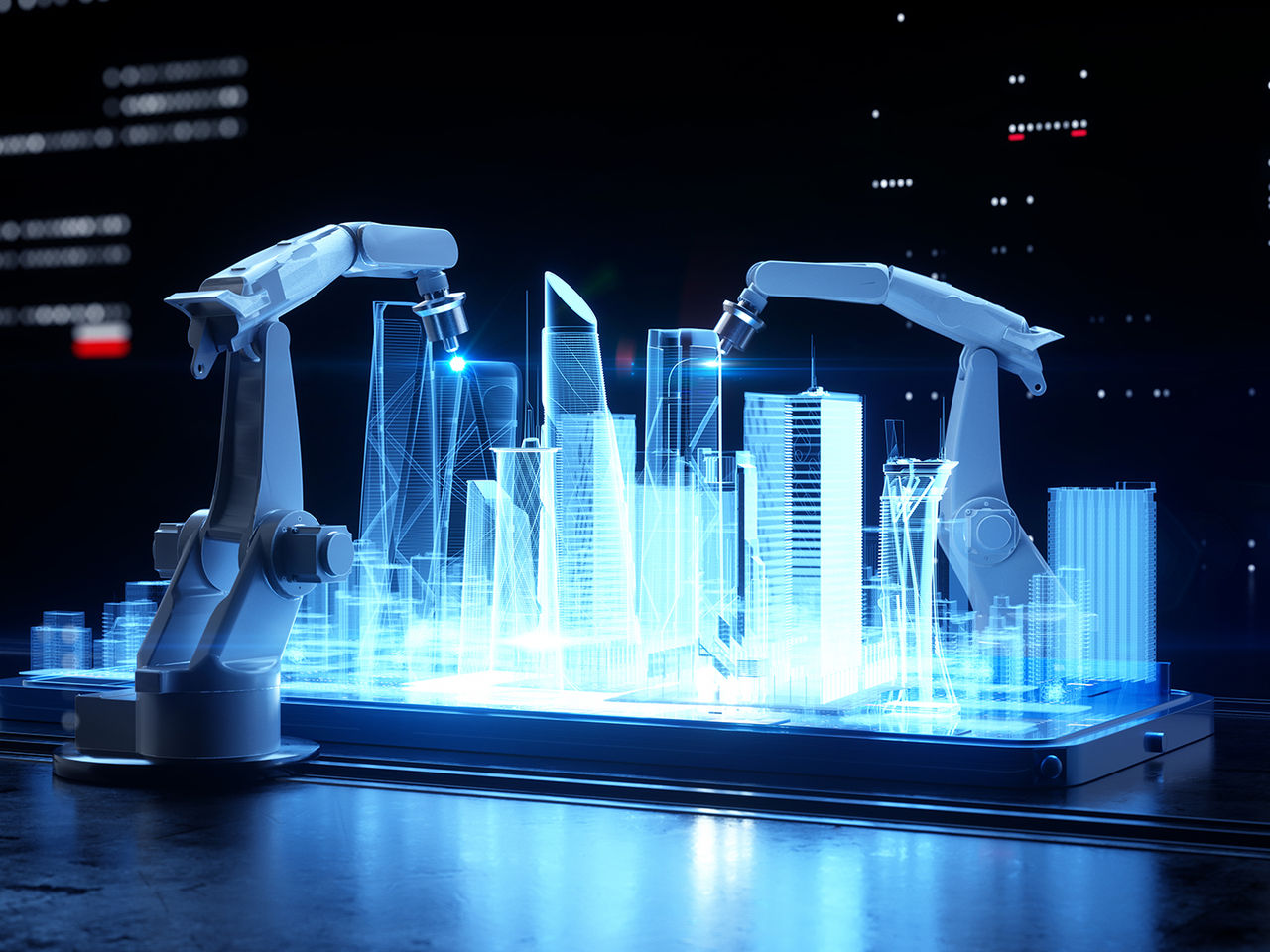 Robots printing a futuristic city of tomorrow, representing next-generation innovation.