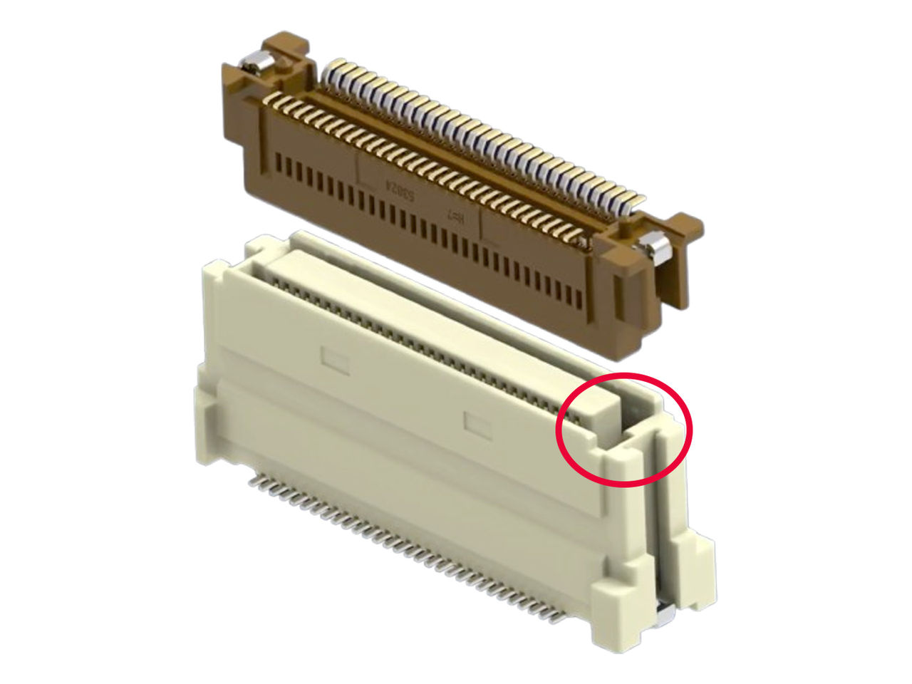 Molex SlimStack connectors aligned for mating. Mating guides ensure proper alignment and orientation.