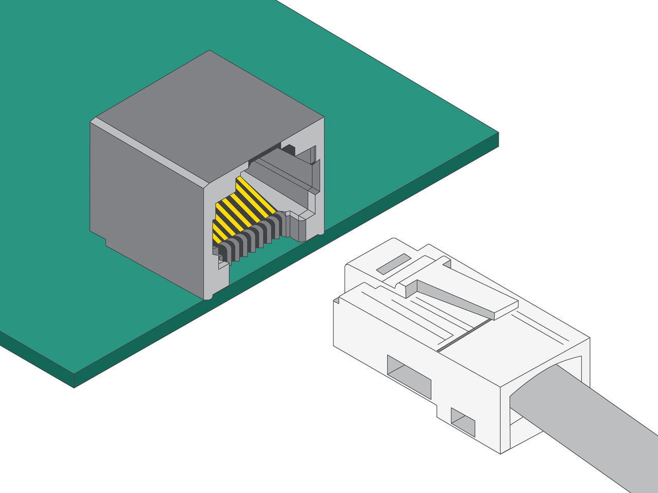 Modular jack and plug aligned for mating. Latch tab on the plug helps ensure correct mating orientation.