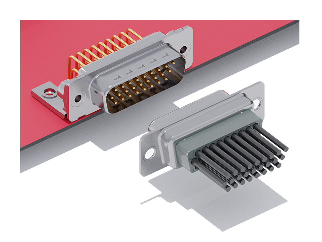 D-Sub Connector aligned for mating. Unique housing shape ensures only one mating orientation.  