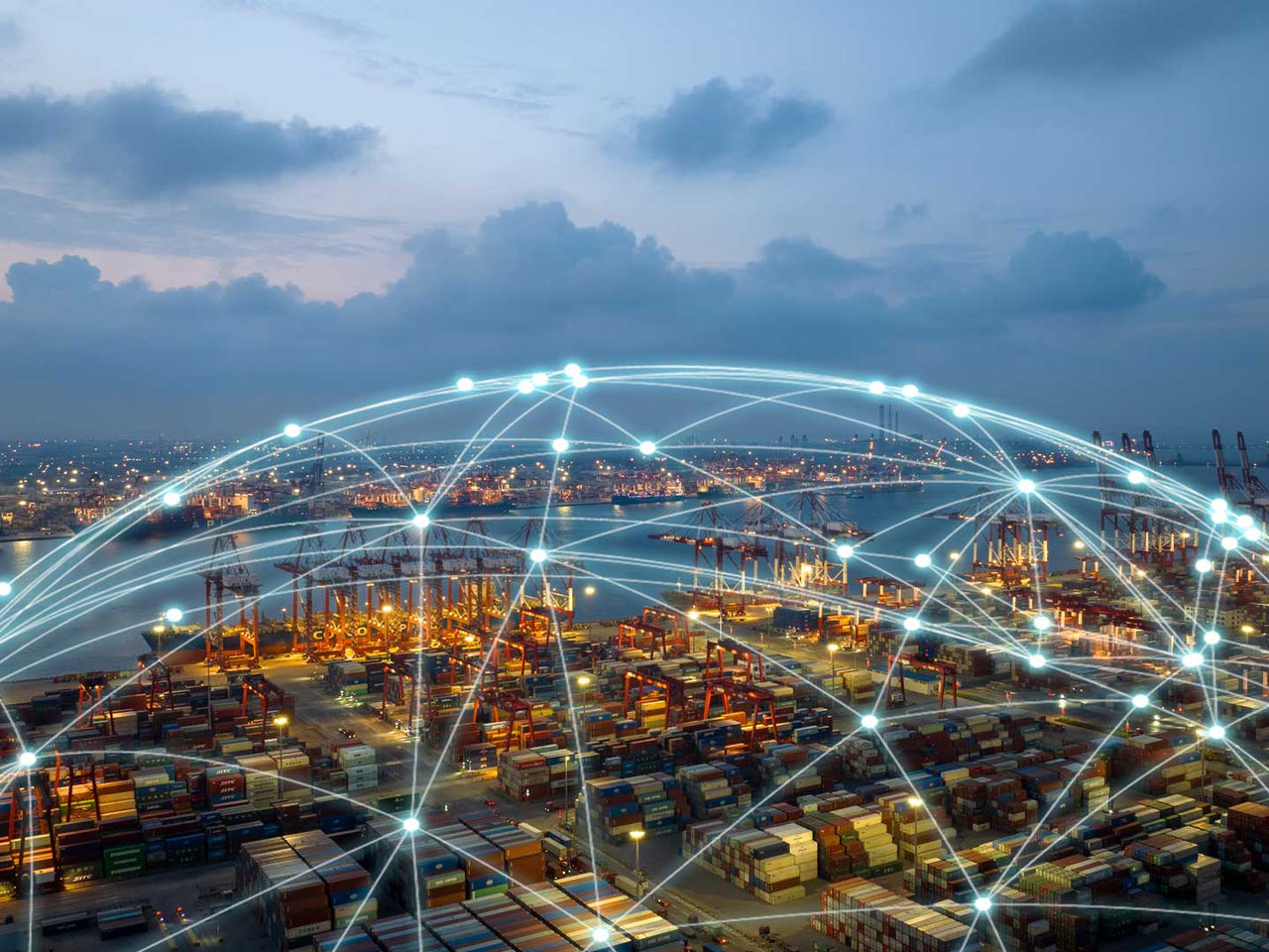 Global map with industrial freight containers and network links, representing international shipping, logistics and supply chains.